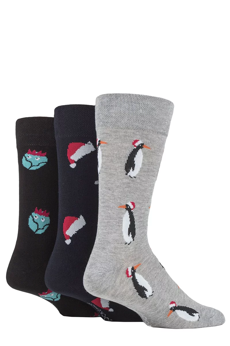 Mens 3 Pair SOCKSHOP Lazy Panda Christmas Bamboo Socks Penguin/Hats/Sprouts 7-11 Mens