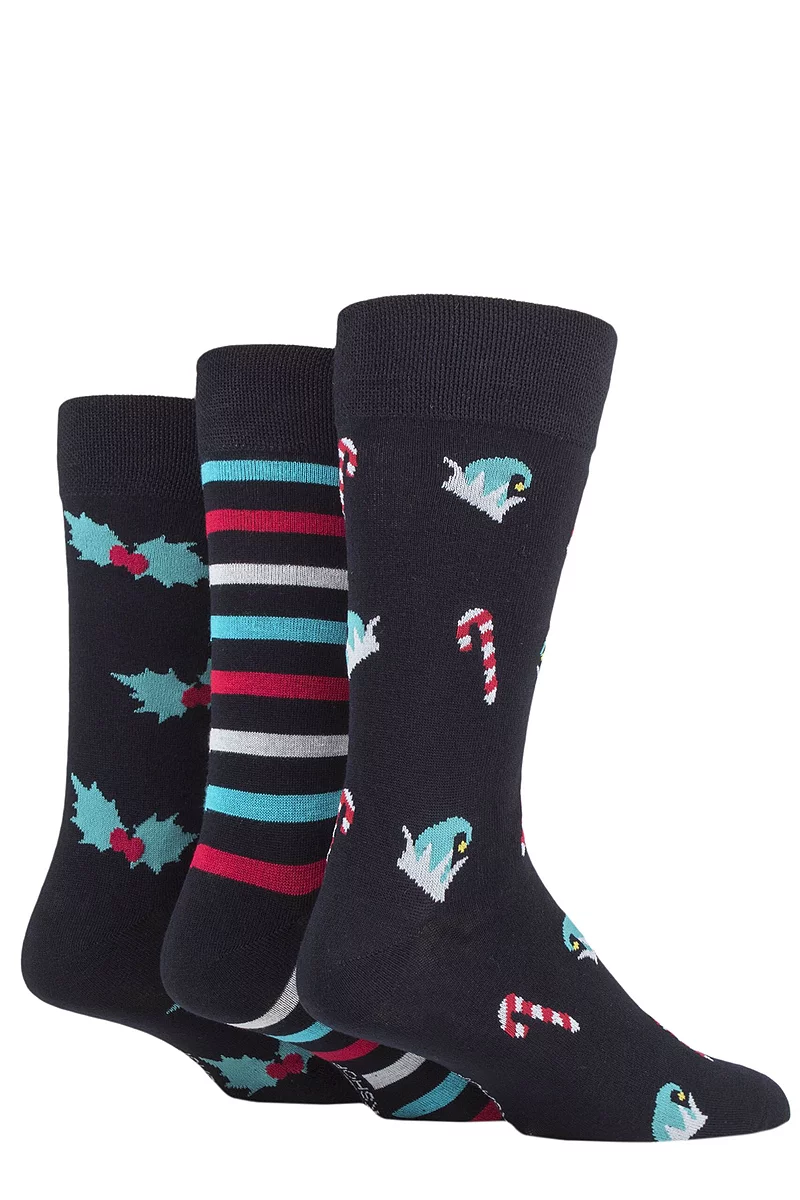 Mens 3 Pair SOCKSHOP Lazy Panda Christmas Bamboo Socks Candy Cane/Stripe/Holly 7-11 Mens